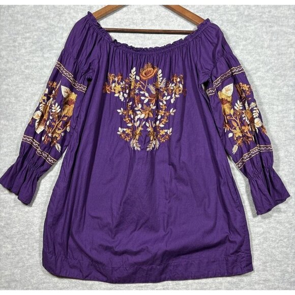 Free People Womens Dress M Purple Embroidered Boho Fleur Du Jour Off Shoulder - Picture 1 of 7
